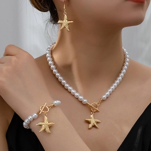 Starfish Faux Artificial Pearl Necklace Bracelet And Earrings Alloy Jewelry For Women Ocean Summer Vacation Style Toggle Clasp