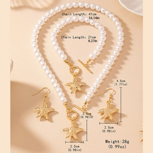 Fashion pearl starfish necklace bracelet and earring set with gold pendant accessories