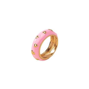 Bague en émail rose avec motif de cœur doré en acier inoxydable pour mode femme