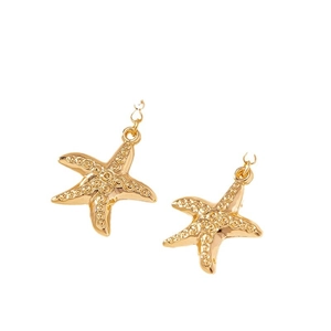Elegant gold starfish pendant earrings with spiral textured relief on white background