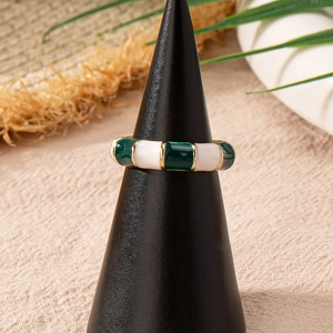 Fashion vintage enamel ring with green and white blocks on gold plated metal band