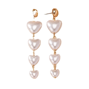 Elegant gold drop earrings with four cascading heart-shaped pearls on a white background