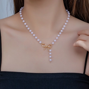 Elegant Faux Artificial Pearl Necklace With Golden Alloy Bowknot Pendant Y-Shape Tassel Adjustable Chain For Women Jewelry Gift