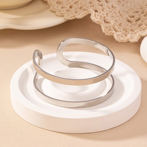 Minimalist double-layer geometric open cuff bracelet in polished silver finish