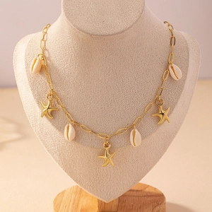 Starfish Shell Necklace Gold Plated Alloy With Natural Shell Pendants Ocean Summer Beach Vacation Jewelry For Women