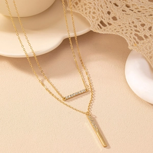Collier Multirang Pour Femme Alliage D'or Strass Pendentif Barre Géométrique Bijoux Mode Minimaliste Élégant Accessoire Tendance