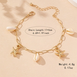 Golden starfish and seashell charm bracelet with adjustable chain for beach vacation