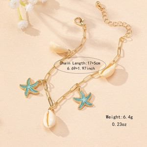 Gold starfish and shell charm bracelet for beach style with 17+5cm chain length
