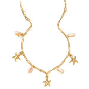 Gold ocean necklace with starfish and seashell charms for elegant beach vacation wear