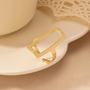Minimalist gold geometric rectangular open ring with a polished hollow design for women