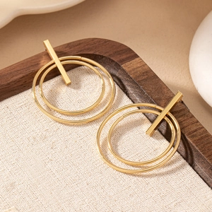 Minimalist double layer geometric gold hoop earrings for women with vertical bar design
