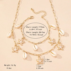 Parure de bijoux de plage dorés avec pendentifs étoile de mer et coquillages, collier et bracelet