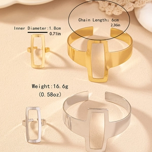 Minimalist geometric hollow square jewelry set including gold and silver open bangles and rings