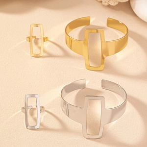 Polished gold and silver geometric hollow rectangular ring and cuff bracelet set