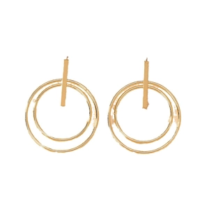 Minimalist geometric gold double hoop earrings with a vertical bar in a glossy metallic finish