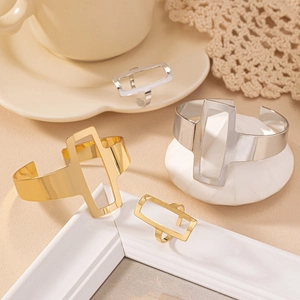 Minimalist geometric hollow square bracelet and ring jewelry set in gold and silver