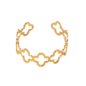 Elegant gold-tone open cuff bracelet featuring hollow four-leaf clover motifs on white background