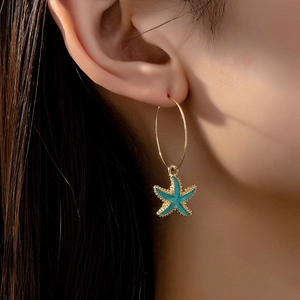 Boucles D'oreilles Créoles Étoile De Mer Alliage Plaqué Or Émail Bleu Thème Océan Plage Été Bijoux Pour Femmes