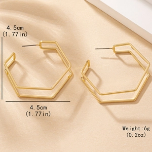 Golden geometric hexagon hoop earrings featuring a polished finish and 4.5cm diameter