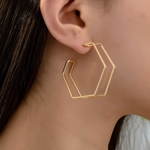 Geometric Hexagon Hoop Earrings Double Layer Hollow Zinc Alloy Polished Large Minimalist Fashion Jewelry For Women