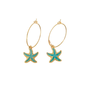 Boucles d'oreilles créoles étoile de mer dorées avec émail bleu turquoise élégant