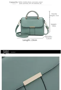 Guide des tailles du sac bandoulière vert clair avec dimensions 23cm de long et 19cm