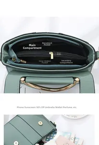 Détail du sac à main vert en cuir PU avec compartiments multiples pour grand rangement