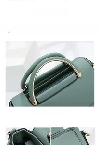 Vue détaillée du sac en cuir PU vert Morandi avec poignée en métal doré et finitions chic