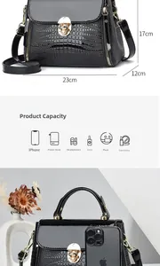 Detail view of black lizard pattern bag showing 23x17x12cm size and daily capacity