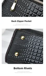 Detail of black lizard texture bag showing back zipper and golden base studs
