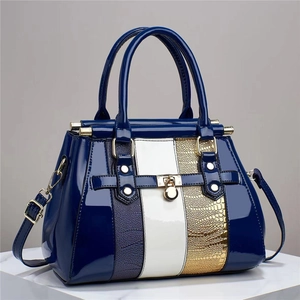 Women Shoulder Bag PU Patent Leather Contrast Vertical Patchwork Crocodile Pattern Top Handle Large Capacity Crossbody