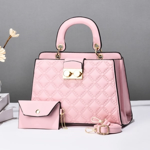 Pink quilted tote bag set with matching pouch, gold hardware and detachable strap
