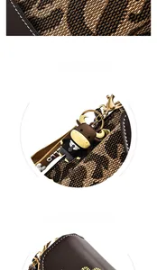 Close-up of leopard print bag with golden hardware and a cartoon bull charm