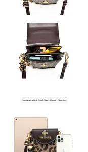 Leopard print crossbody phone bag size comparison with 9.7-inch tablet and iPhone