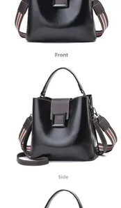 Vue détaillée du sac seau en cuir noir avec surpiqûres et bandoulière rayée colorée
