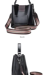 Vue arrière du sac seau en cuir huilé noir avec bandoulière à rayures colorées