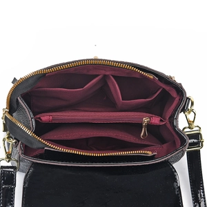 Black lizard pattern shoulder bag with organized multi-compartment wine red lining