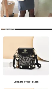 Detail of mini leopard print crossbody bag with gold logo and cute bear charm pendant