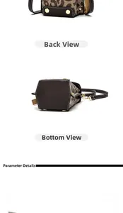 Detail view of leopard print bucket bag featuring gold-tone studs and adjustable strap
