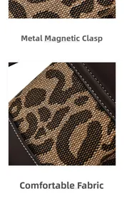 Close-up of leopard print fabric with magnetic hardware clasp and brown leather details