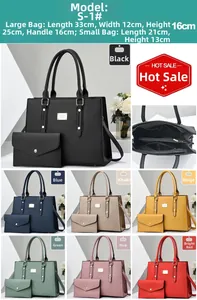 Detailed size specifications for large tote and matching clutch bag in seven colors
