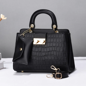 Contrast square handbag with crocodile texture, gold rotary lock, and mini coin purse pouch