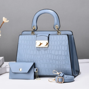 Macro view of light blue crocodile embossed tote bag with gold ring hardware and purse