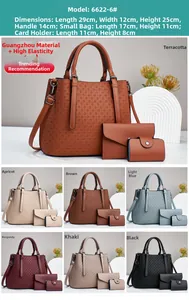 Three-piece quilted tote bag set with cross-body strap and detailed size measurements