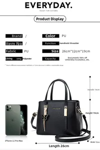Size guide for black faux leather handbag with dimensions 26x12x19cm and croc texture detail