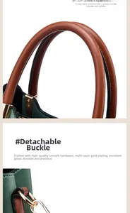 Detail of dark green lychee leather, brown handles and gold-plated hardware on handbag