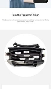 Detail view of large capacity crossbody bag with organized interior compartments and pockets