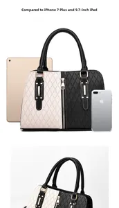 Detailed view of the contrast color handbag showing large capacity for 9.7 inch iPad