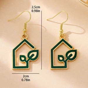 Golden leaf house earrings in green hollow design with dimensions 2.5cm height