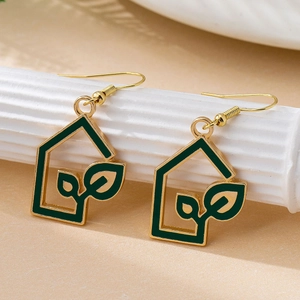 Leaf design hook earrings with gold house frame and green enamel on Roman pillar